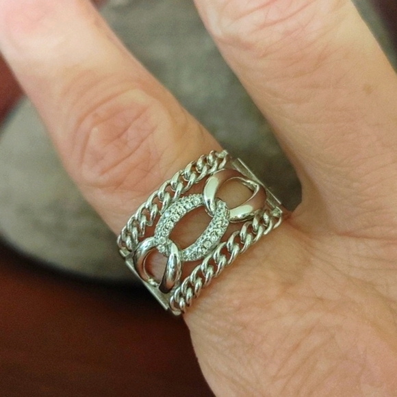 Sterling Ring Links Style w Small Diamonds Size 9.5 - Picture 2 of 12